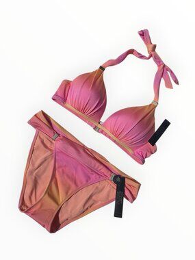 Victoria's Secret Swim Harlow Triangle Halter Push Up Top Bottom Set Pink Ombre